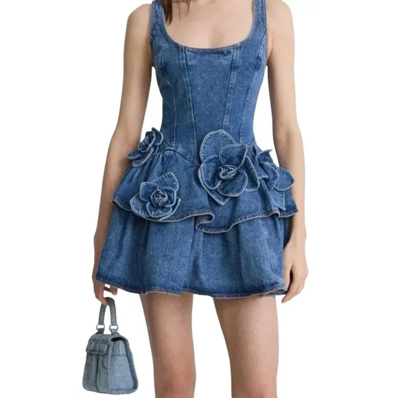 Aknvas Women's Devyn Saxe Tiered Rosette-Detailed Denim dress Size XS, 2 US